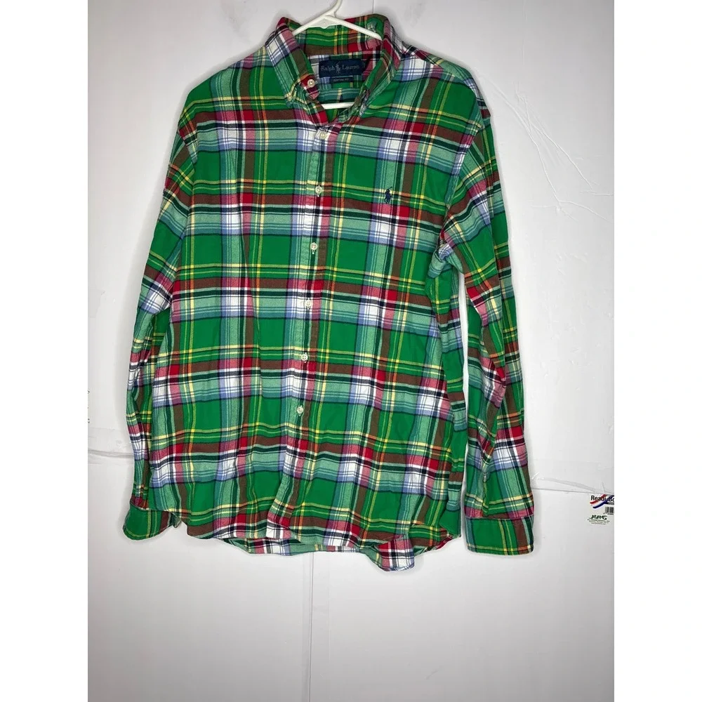 Polo Ralph Lauren‎ Mens XL Custom Fit Green Plaid Button Down Shirt Long Sleeve